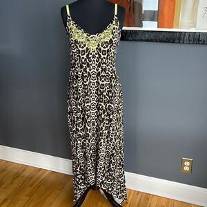 Miss Tina leopard print high low maxi. Stretch jersey. Neon geometric accents.